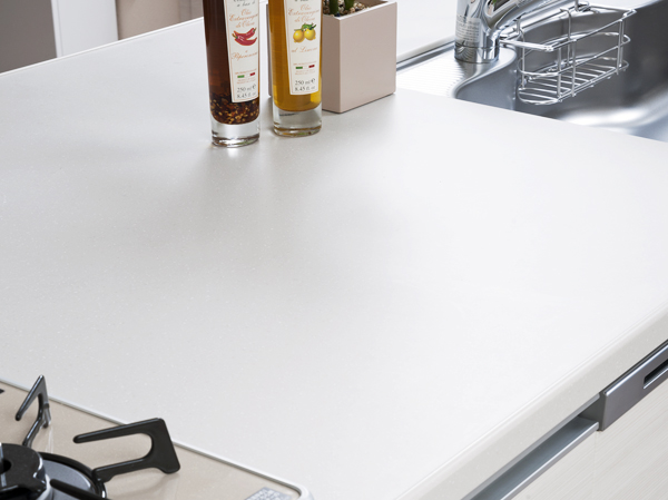 Kitchen.  [Artificial marble work top] Because of the integrally molded finish is seamless, It provides superior strength. Luxury acrylic artificial marble work top to produce a sense of quality and beauty.