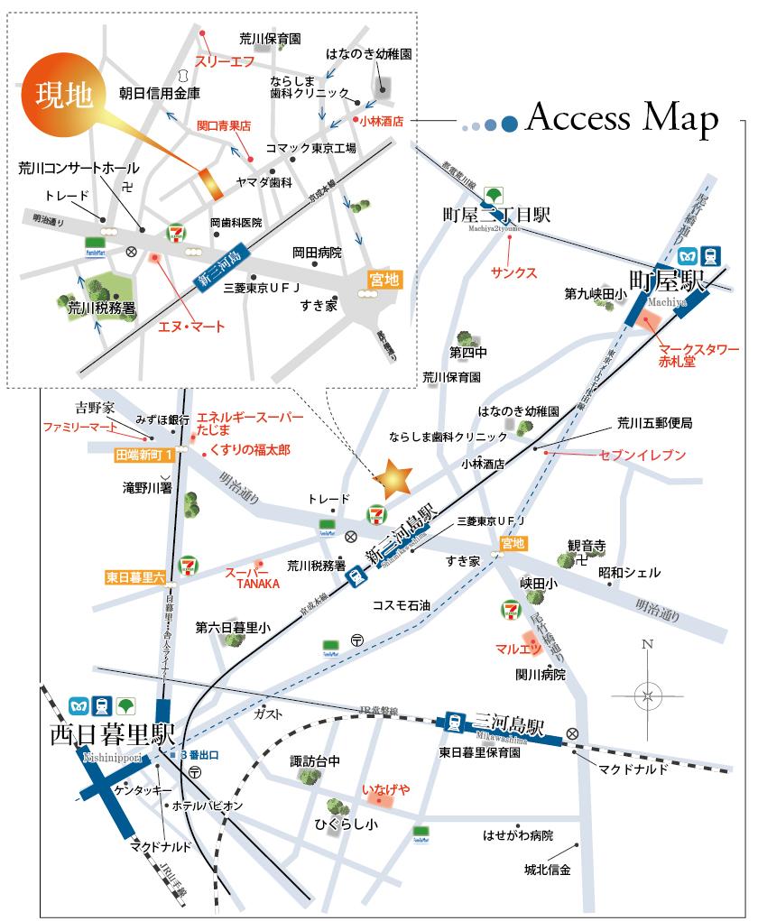 Local guide map. "Nishinippori" a 10-minute walk from the station, "New Mikawashima" Station 2-minute walk! 