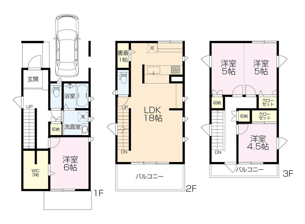 Compartment view + building plan example. Building plan example, Land price 34,800,000 yen, Land area 93.74 sq m , Building price 27 million yen, Building area 120.06 sq m gross floor 120.06 sq m . Including body construction (water supply and drainage incidental, Exterior construction work, etc. are excluded) 27 million yen. 