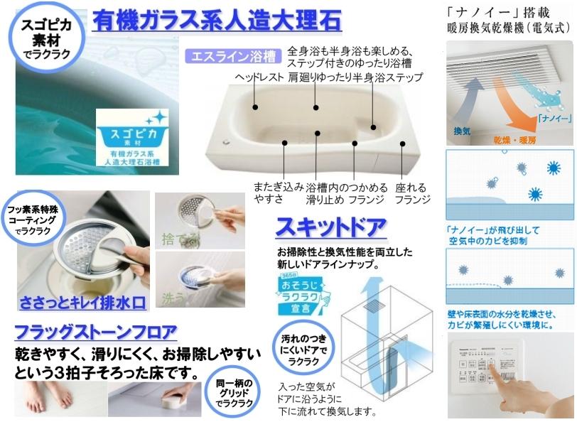 Other Equipment. Panasonic bathroom "Kokochino". Standard equipment Sugopika material (organic glass-based artificial marble) is to es line bathtub with a suitable step in sitz bath and parent-child bath. Hard to even slip wet the floor, Easy to dry off the water adopt the "feelings bath floor.". Playing the dirt with a fluorine-based special coating, Cleaning is also simple "swish swish and clean drainage port" also features.