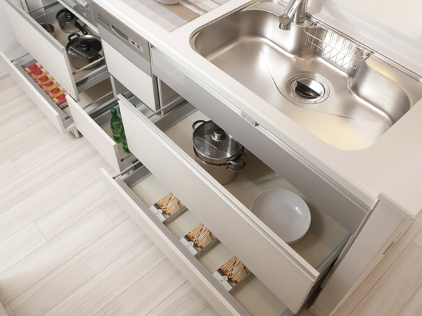 Kitchen.  [Bull motion function with slide cabinet] To sink lower, Adopted also easy to take out slide cabinet thing in the back. Quiet close with bull motion also work vigorously closed.