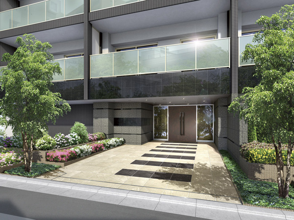 Shared facilities.  [Main entrance Rendering] By coordinating with magnificent multiple materials and color, Directing the prologue to hunch the contented private. Take a longer distance from the road to the entrance door, Placed trees and flowers is also a well-balanced on the left and right of the approach. ( ※ Which was raised drawn based on drawing, In fact a slightly different.  ※ Planting does not indicate the status of a particular season. Also, Tree species of planting ・ About the size has become a undetermined, It does not grow to about Rendering at the time of completion. )