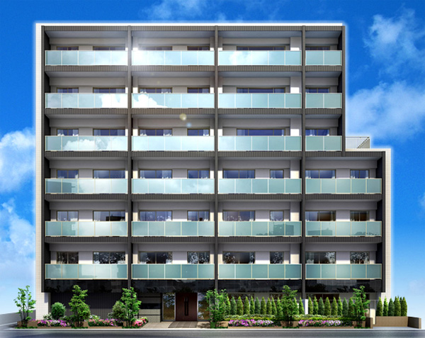 Shared facilities.  [Exterior - Rendering] Spread in a quiet residential district District, To keynote an off-white to fit even in calm environment, By crossing the gray frame that emphasizes the horizontal and vertical lines, Ground 7-storey building the facade eye-catching. ( ※ Which was raised drawn based on drawing, In fact a slightly different.  ※ Planting does not indicate the status of a particular season. Also, Tree species of planting ・ About the size has become a undetermined, It does not grow to about Rendering at the time of completion. )