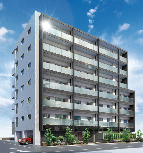 Buildings and facilities. Spread in a quiet residential district District, To keynote an off-white to fit even in calm environment, By crossing the gray frame that emphasizes the horizontal and vertical lines, Ground 7-storey building the facade eye-catching. (Exterior - Rendering /  ※ Which was raised drawn based on drawing, In fact a slightly different.  ※ Planting does not indicate the status of a particular season. Also, Tree species of planting ・ About the size has become a undetermined, It does not grow to about Rendering at the time of completion. )