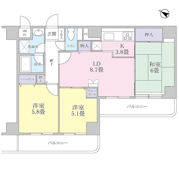 Floor plan. 3LDK, Price 29,800,000 yen, Occupied area 65.11 sq m , Balcony area 12.73 sq m 3LDK type. Facing the whole room balcony.