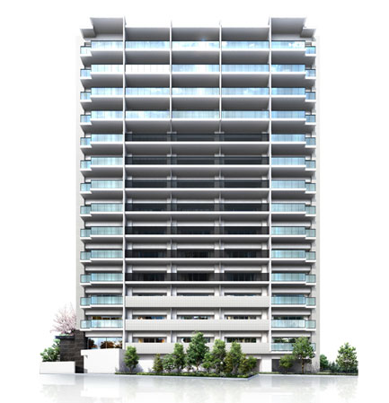 Buildings and facilities. Pursue a cosmopolitan appearance design with a monotone and keynote. The vertical line was highlighted in the building frame and Marion, Neat look is characterized by symmetry. Also, With entrance with large eaves and a box-like shape of the glass surface to foster an elegant atmosphere, It arranged the planting with a green amount between the tail Takebashi street and building, Produce a landscape of moisture. Of modern impression innocent, Landmark of the ground 15 floors will Nestled as a new symbol of "Machiya". (Exterior view)