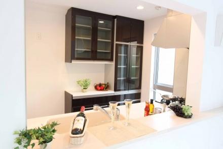 Kitchen. Example of construction. We established an easy-to-use cupboard in the kitchen space. It is the surface material and living color select accent Cross and of the same color of the system kitchen.