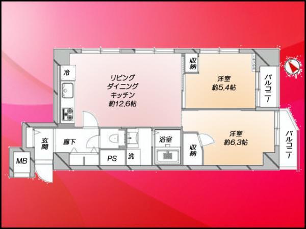 Floor plan. 2LDK, Price 29,800,000 yen, Occupied area 57.33 sq m , Balcony area 4.87 sq m