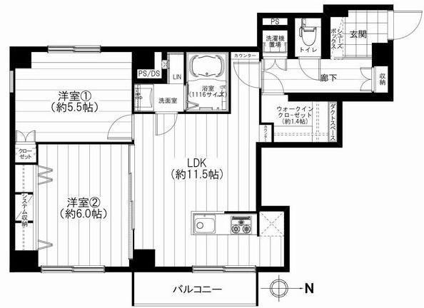 Floor plan. 2LDK, Price 27,900,000 yen, Occupied area 57.31 sq m , Balcony area 3.14 sq m