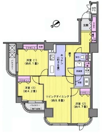 Floor plan. 3LDK, Price 42,800,000 yen, Occupied area 70.09 sq m , Balcony area 6.07 sq m