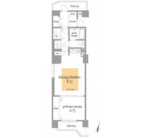 Floor plan. 1DK, Price 23.8 million yen, Occupied area 47.04 sq m , Balcony area 3.06 sq m