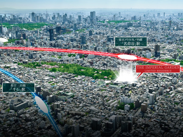 Surrounding environment. Toei Mita Line "Sengoku" station, Tokyo Metro Marunouchi Line to "Myogadani" station, Both a 9-minute walk. It is available for easy 2 station 2 routes available. An active urban life, It'll be fun no-thing at will. ※ Aerial photo of the web is CG such as the light of the local portion to those obtained by photographing the southeast from the sky near Sugamo Station (April 2013) Synthesis ・ In fact a somewhat different in that the processing. Also, Surrounding environment might change in the future.