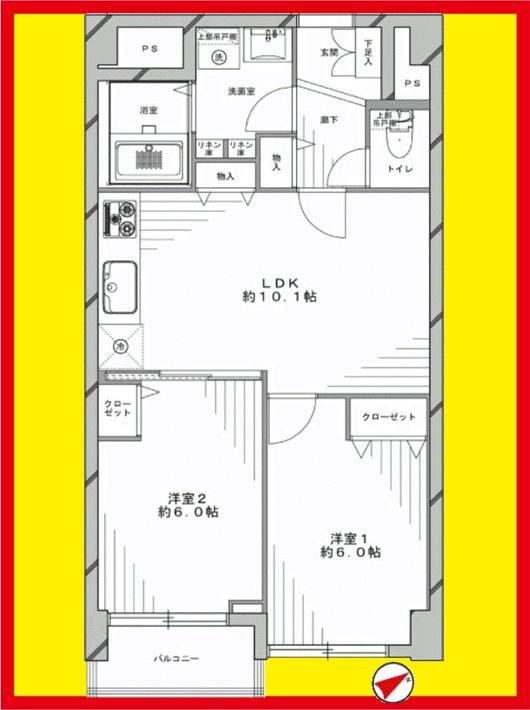 Floor plan. 2LDK, Price 24,800,000 yen, Occupied area 49.63 sq m , Balcony area 3.04 sq m