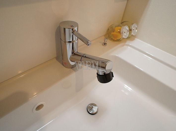 Wash basin, toilet. Vanity with a shower head