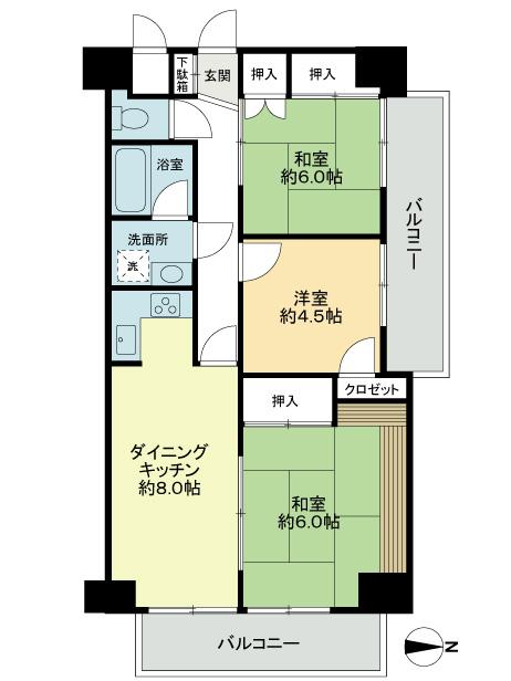 Floor plan. 3DK, Price 31,800,000 yen, Occupied area 60.34 sq m , Balcony area 12.91 sq m floor plan