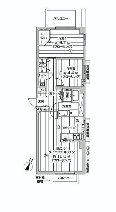 Floor plan. 2LDK, Price 26,800,000 yen, Occupied area 61.88 sq m , Balcony area 7.36 sq m