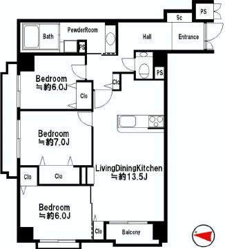 Floor plan. 3LDK, Price 49,800,000 yen, Footprint 80.4 sq m , Balcony area 7.25 sq m