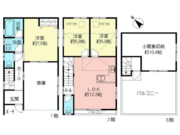 Floor plan. 65,500,000 yen, 3LDK, Land area 58.06 sq m , Building area 92.67 sq m