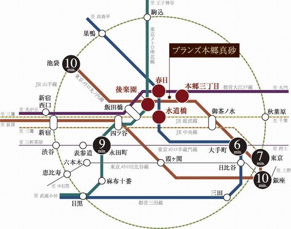 Building structure. Access view / 4 station 5 line of comfortable access! While there is a peaceful place to forget the hustle and bustle of the city center, Outstanding convenience that connects the main station to direct.  ※ In the statement of traffic notation, transfer ・ It does not include waiting time, etc.. (  ) Within the time required at the time of commuting.