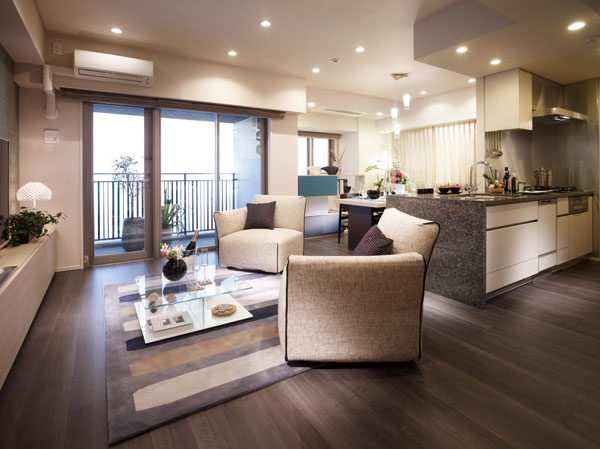 Living.  [living ・ dining] living, dining, And DEN. In their space without providing the partition, By the open space, It is both a change in the sense of openness. Simple presence of mind in the furniture, Mix each modern and innovative furniture weave a well-balanced, It portrays the pleasure of urban life. It'll be both the atmosphere of the handrail of tasty funnel aluminum balcony are matching.