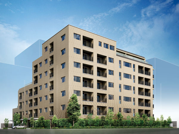 Features of the building.  [Exterior - Rendering]  ※ Which was caused to draw based on the drawings of the planning stage, In fact a slightly different. Guttering, Air conditioner outdoor unit, There is equipment, etc. that have not been reproduced some water heater, etc..