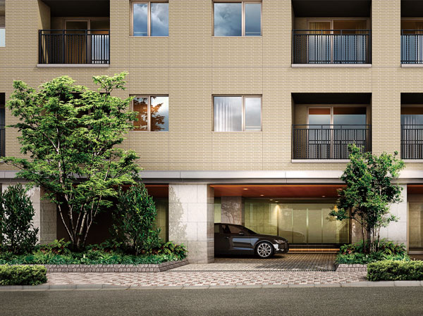 Features of the building.  [Entrance Rendering] To building appearance, So as to produce a deep expression of carving, A deep opening, Homogeneously, It is the wall design was arranged in succession. Adopt a vertical grid of funnel aluminum dark gray on the balcony handrail. that is, Feel the sophisticated Western of appearance with a close look at, You reflected also like the grille of the Japanese style is far from. To foster air feeling and tradition in this town, It has been reproduced by exercise ingenuity in the details.