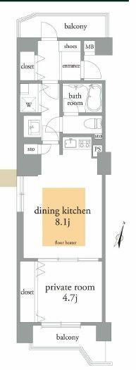 Floor plan. 1DK, Price 23.8 million yen, Occupied area 47.04 sq m , Balcony area 6.34 sq m