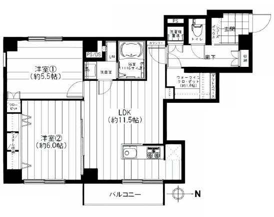 Floor plan. 2LDK, Price 27,900,000 yen, Occupied area 57.31 sq m , Balcony area 3.14 sq m