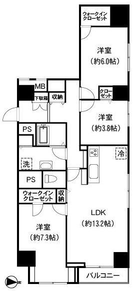 Floor plan. 3LDK, Price 39,800,000 yen, Occupied area 76.42 sq m , Balcony area 2.8 sq m