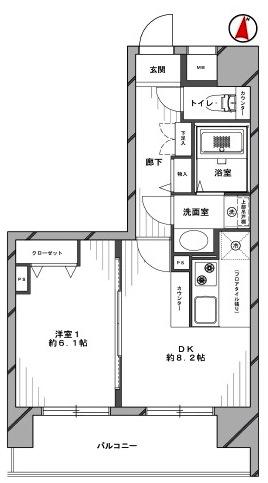 Floor plan. 1LDK, Price 25,800,000 yen, Occupied area 37.76 sq m , Balcony area 8.77 sq m
