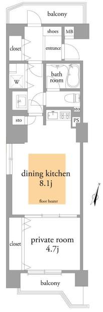 Floor plan. 1DK, Price 23.8 million yen, Occupied area 47.04 sq m , Balcony area 3.06 sq m