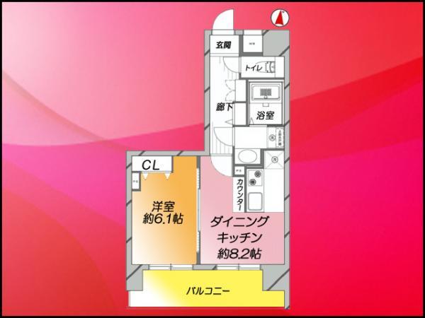 Floor plan. 1DK, Price 25,800,000 yen, Occupied area 37.76 sq m , Balcony area 8.77 sq m