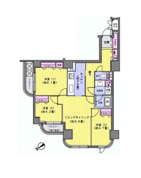Floor plan. 3LDK, Price 42,800,000 yen, Occupied area 70.09 sq m , Balcony area 6.07 sq m