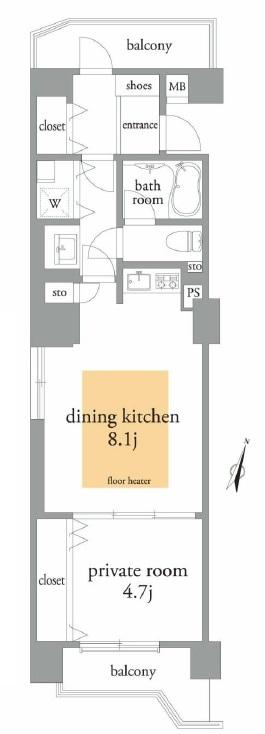 Floor plan. 1DK, Price 23.8 million yen, Occupied area 47.04 sq m , Balcony area 6.34 sq m