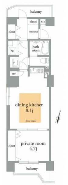 Floor plan. 1DK, Price 23.8 million yen, Occupied area 47.04 sq m , Balcony area 3.28 sq m