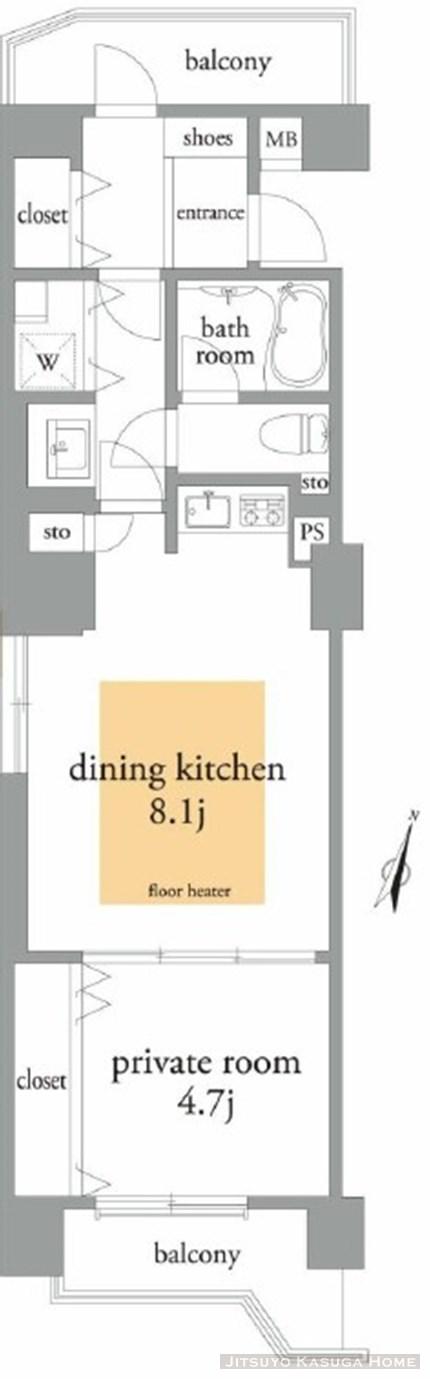 Floor plan. 1DK, Price 23.8 million yen, Occupied area 47.04 sq m , Balcony area 6.34 sq m