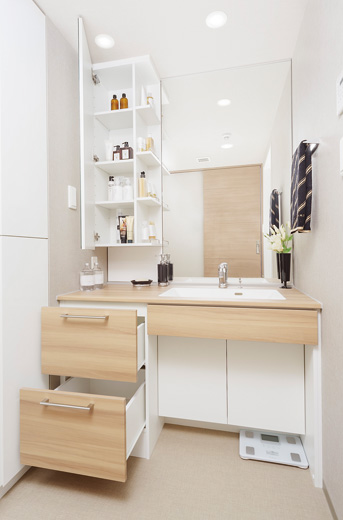 Bathing-wash room.  [bathroom] Mirror became mirror cabinet and close with depth. Easy open shelf and out without opening the door. Adopted put under the sink space, etc. also the trash and health meter.