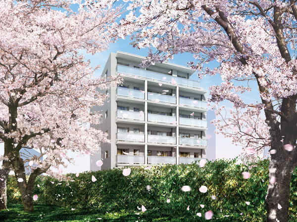 Buildings and facilities. Beautifully harmony around the detached residential area, Soft beige ・ The color of the outer wall tile. Around entrance, Adopted expressive tiles and natural stone, It will produce a sophisticated rich flavor. The further first floor feet, Paste the accent tiles that curve lines produce the kindness, It has produced a symbolic design. (Exterior view)