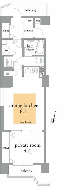 Floor plan. 1DK, Price 23.8 million yen, Occupied area 47.04 sq m , Balcony area 6.34 sq m