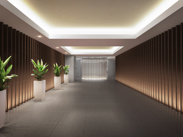 Shared facilities.  [Entrance Hall to presage a beautiful urban life] Entrance hall, Consideration of the restlessness as residence was designed. Black tile of chic impression at the feet, It has adopted a louver of wood to enjoy the soft look to the wall. further, In the center of the entrance hall, Installing the shaft-less elevator to foresee the sophisticated urban life. Live person from the hustle and bustle of the city, It leads to a gentle time in the private residence. (Entrance Hall Rendering)