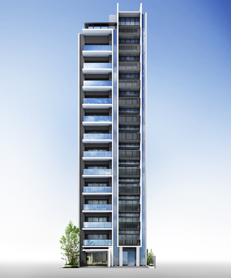 Features of the building.  [Beautiful residence standing wearing the sophistication and quality] Facade constructed in the fins of the wall surface and the horizontal line extending vertically to the sky. And white tiles with no feeling of pressure, It wraps the glass is building to change the facial expressions along with the transitory time, Brew a sophisticated atmosphere. Facade off a solid presence, yet simple and, With symbolize the aesthetic of people live, It is a design, such as is proud to return. (Exterior view)