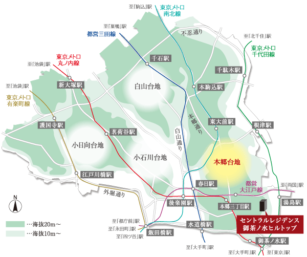 Surrounding environment. The inside of the JR Yamanote Line, One section of Yamate that was decorated in rich history. The property is, Elevation about 20m ・ It will be born in Hongodai land.