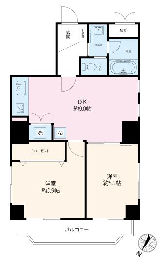 Floor plan. 2DK, Price 25,800,000 yen, Occupied area 47.93 sq m , Balcony area 5.08 sq m