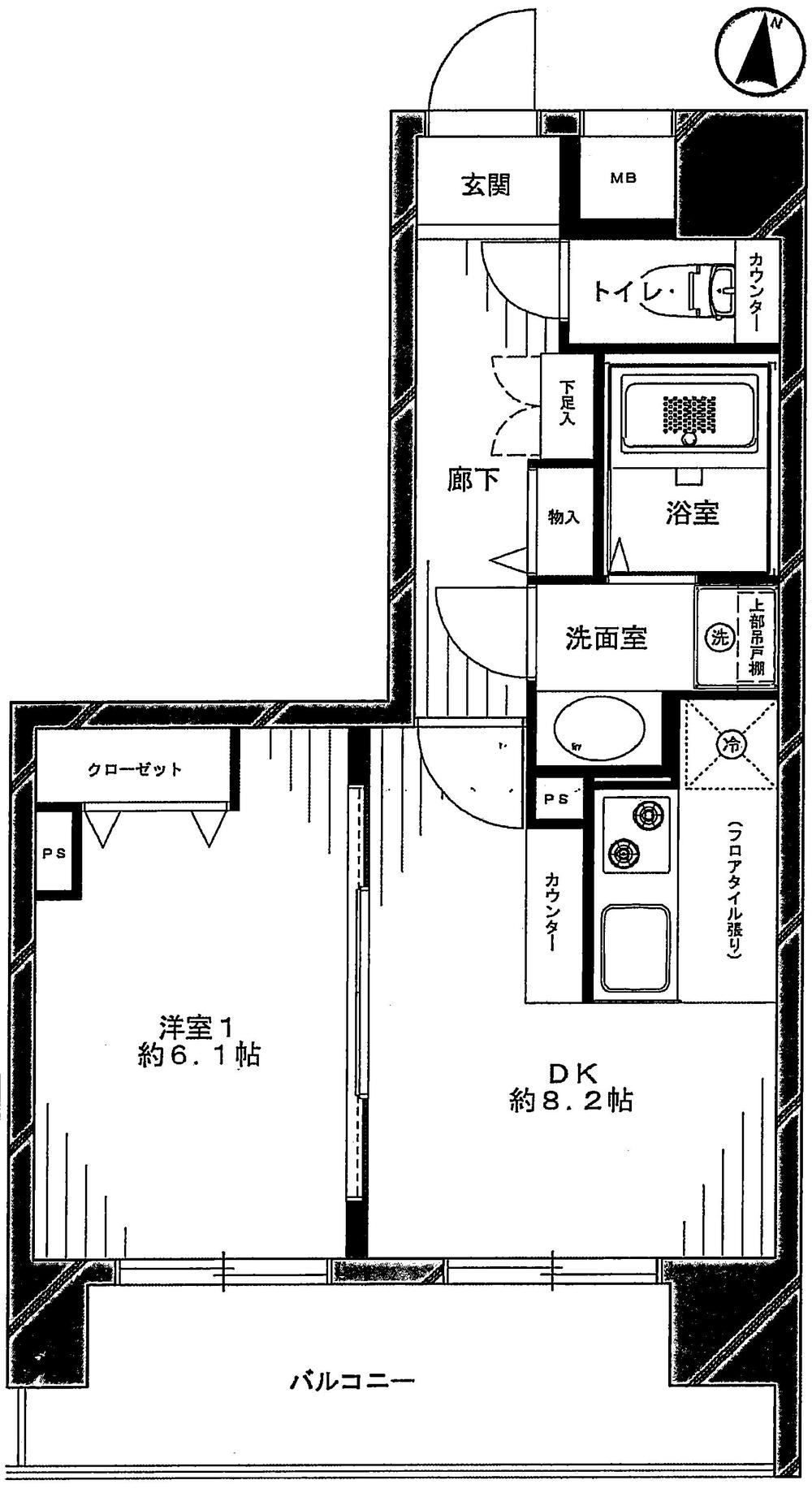 Floor plan. 1DK, Price 25,800,000 yen, Occupied area 37.76 sq m , Balcony area 8.77 sq m