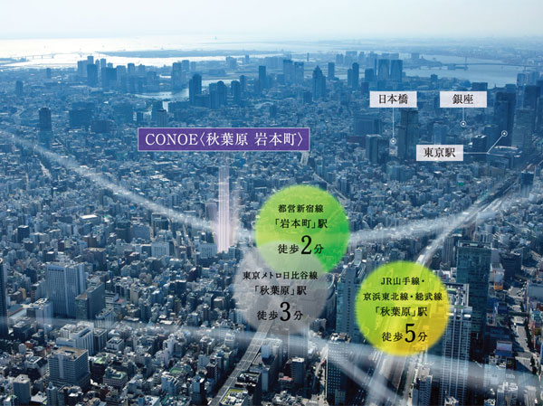 Surrounding environment. 2 station 6 line multi-access. JR 3 minutes to Tokyo direct than "Akihabara" station, 2 minutes to Ueno, etc., Direct to the main station. (Local peripheral Aerial ※ And subjected to a CG processing on aerial photographs of the October 2011 shooting, In fact a slightly different)