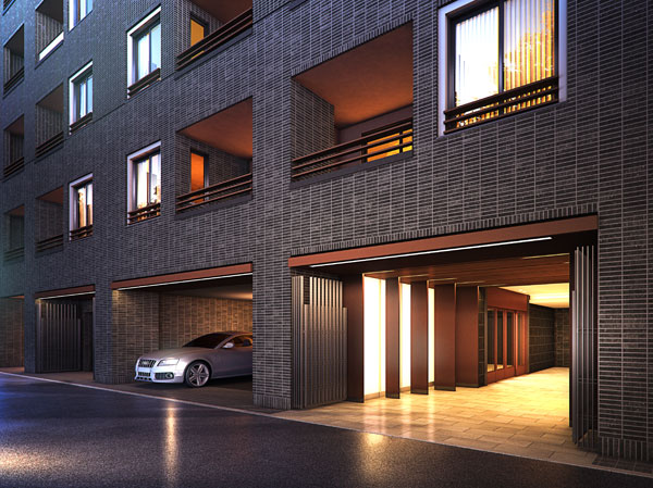 Features of the building.  [Entrance Rendering] Gate of the motif grid. And it has been chosen slit lighting and decorative wall of the metal panel of LED choreographed depth. Then, the light wall greet gently live person. Relationship and there have a warmth of townhouses and the alley that invites the person to my spaceese architecture has alive the beauty and chic that has been motif.