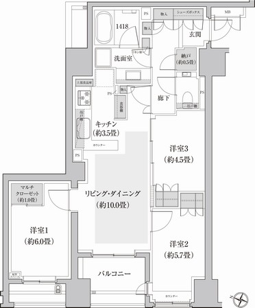 ■ C type ・ 3LDK + MC + N footprint / 70.06 sq m Balcony area / 5.90 sq m ※ MC = multi closet N = storeroom
