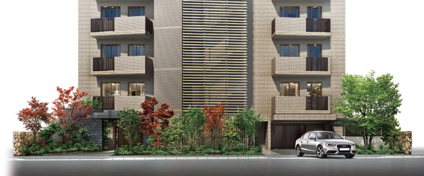 Shared facilities.  [appearance ・ Entrance approach]  ※ Which was raised to draw on the basis of the drawings in the plan, In fact a slightly different. In fact a slightly different is the fence to be installed on the site boundary has been simplified. Guttering, Air conditioner outdoor unit, Water heater, TV antenna or the like there are times, such as part reproduction have not been equipment. Secondary road ・ Building, etc., we have simplified. Planting and it has not been drawn on the assumption the state at the time of a particular season or your tenants. (Rendering)