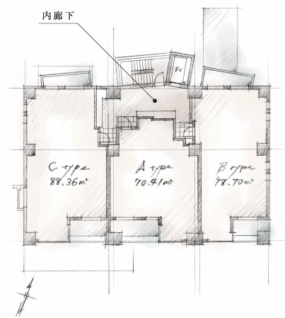 Features of the building.  [Zenteiminami facing dwelling unit placement] Entered into a house of only one floor 3 House in the approach of the inner corridor, The sheltered calm of privacy has been consideration. Also, Dwelling unit 2 / It consists of three of the corner dwelling unit plan and the center of the wide plan. It meets to house the nature of light and wind. (Site layout illustration)