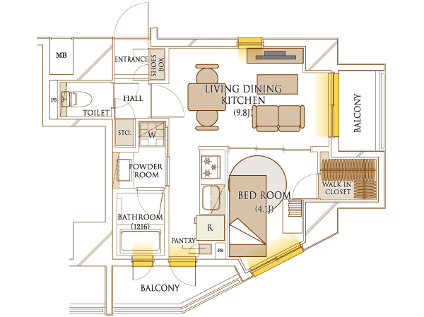 Room and equipment. Excellent walk-in closet storage capacity installed plan. Easy window with bathroom ventilation ・ Kitchener is also attractive.  ※ B type furniture arrangement example